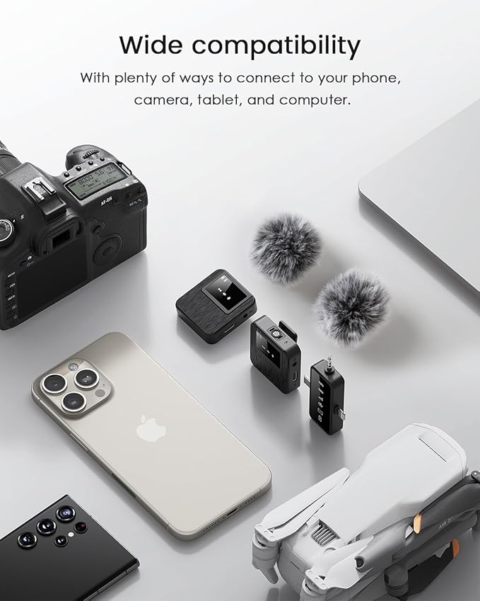 3-in-1 Compact Wireless Microphone for iPhone, Android, Camera: 20H Battery, 328FT Range, Mini Microphone for Video Recording, Noise Canceling for Content Creators(Frosted Black)