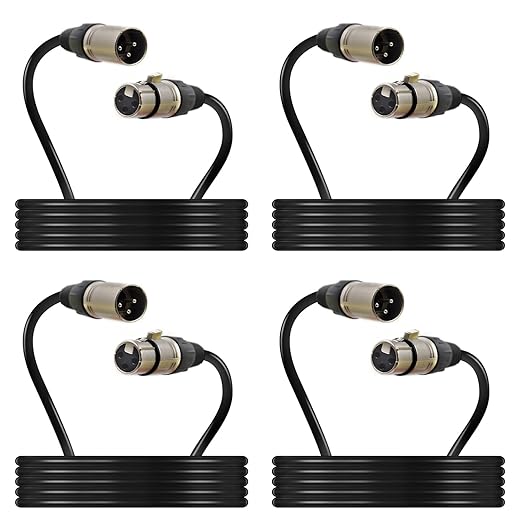 (4-Pack) 10 Foot, XLR Microphone Cable 3-pin XLR Speaker Cable Male to Female Balanced Mic Cable, Black