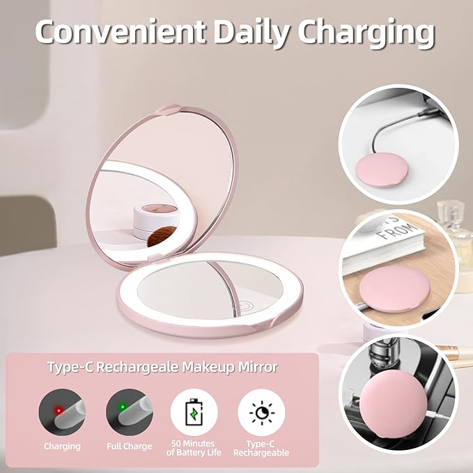 Compact Mirror with Light, Dimmable Pocket Mirror, Rechargeable Mini Mirror for Purse, Pocket, Travel and Present, Folding, Handheld, 2-Sided, Round