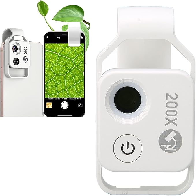 flexman 200X Mini Phone Microscope with CPL Lens, USB Rechargeable Pocket Microscope with Universal Phone Clip, Digital Microscope Camera Attachments for Smartphones(White)