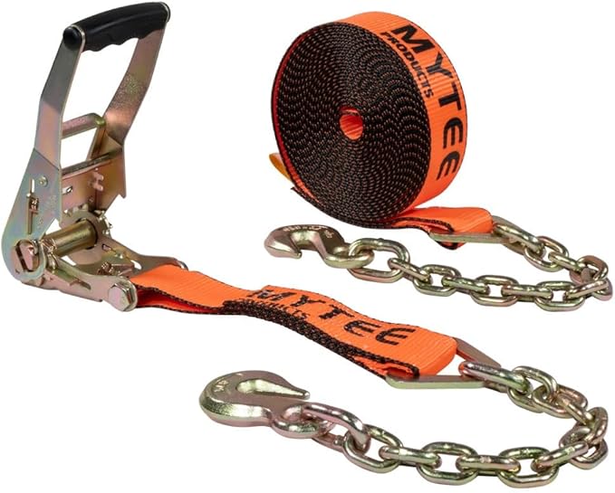 Mytee Products 2" x30' Orange Ratchet Strap with Chain Anchor - 4000 Lbs WLL High Abrasion Heavy Duty Tie Down Cargo Truck Straps with Chan Anchor for Flatbed, Truck, Trailers, Pickup