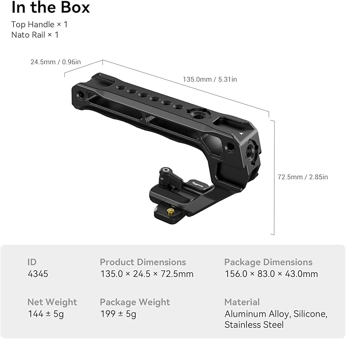 SmallRig Lightweight NATO Top Handle, Quick Release NATO Grip w/NATO Rail for DSLR Camera Cage, Universal Top Handle with 5 Cold Shoe Adapters - 4345