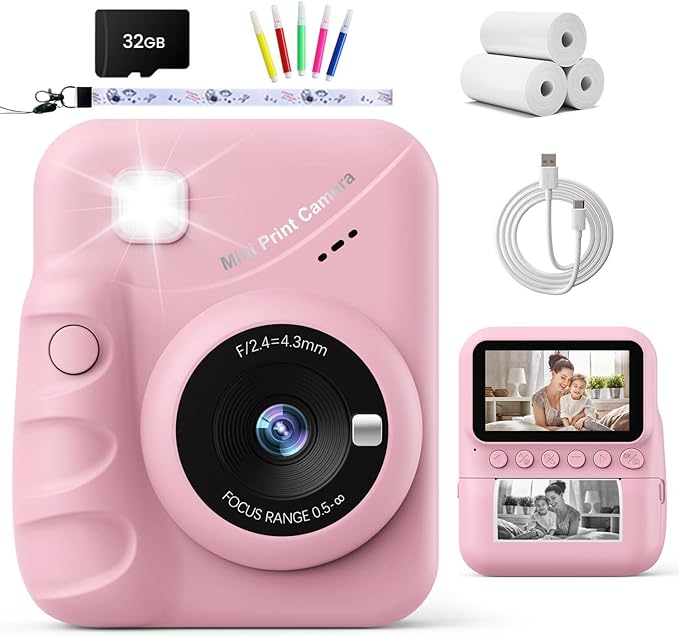 TIATUA Kids Camera Instant Print for Girls Ages 3-14, 3-inch HD Screen Camera for Kids with Printing Paper, 1080P Digital Toddler Toys for 4 5 6 7 8 9 10 11 12 Years Old (Pink)