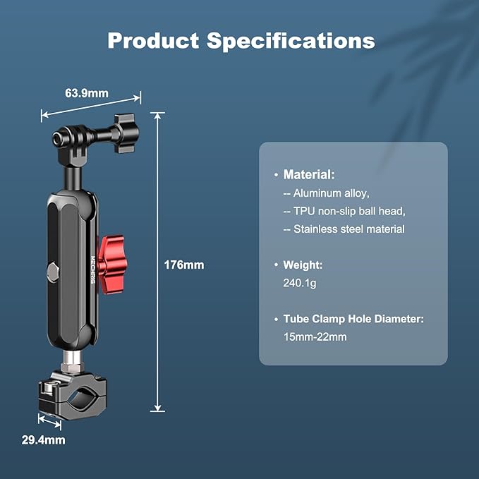 Camera Clamp Mount, Super Camera Mount Double Ball Head Magic Arm Adapter with U-Shaped for Motorcycle Handlebar Mounts & Aluminum Alloy Super Clamp for DSLR, 360° Rotating, 78002