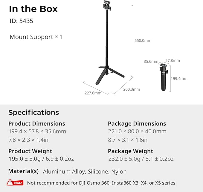 SmallRig Action Camera Selfie Stick Tripod, 7.8-21.6in Extendable, 360° Ball Head, Cold Shoe Mount, Quick Release Adapter for DJI Action 5 Pro/4, 1/4-20" Screw for GoPro Hero 13/12/11, Webcam - 5435