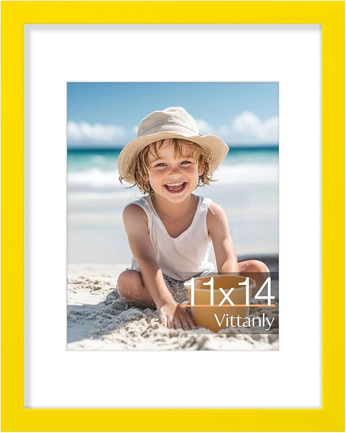 Vittanly 11x14 Picture Frame, Made of Solid Wood and Shatterproof Plexiglass, Display Pictures 8x10 with Mat or 8x10 without Mat, Wooden Photo Frame for Wall Mounting or Tabletop, Yellow, 1 Pack