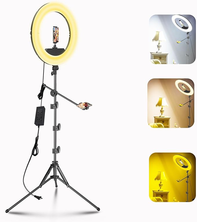 55W18 45cm Ring Light Kit [New Version] 6700K Dimmable LEDRinglightTripod Stand Dual Phone Holder for iPhone Selfie Makeup LashTattoo Studio Lighting Painting,Photo Video Recording (White)