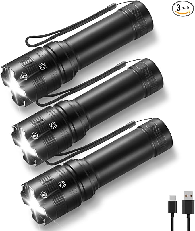 Rechargeable Flashlights 3Pack, Super Bright LED Flashlight, 3Modes Tactical Flash Light with Adjustable Focus for Emergency, Home, Car, Camping