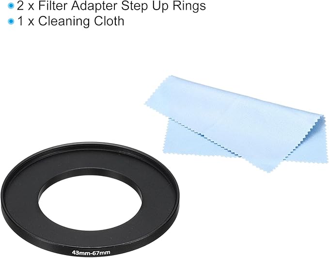 PATIKIL 43mm-67mm Metal Step Up Ring with Cleaning Cloth, 2 Pack Camera Lens Filter Adapter Ring Aluminum Filter Adapter Ring for Camera Lenses Hood, Black