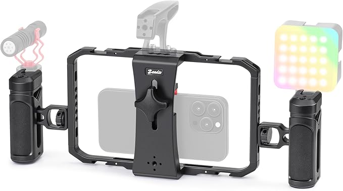 Zeadio Phone Video Cage with Quick Release Rotating Handles - Universal Aluminum Cell Phone Stand for Recording/YouTube/Live Streams/Tabletop Filming/Content etc