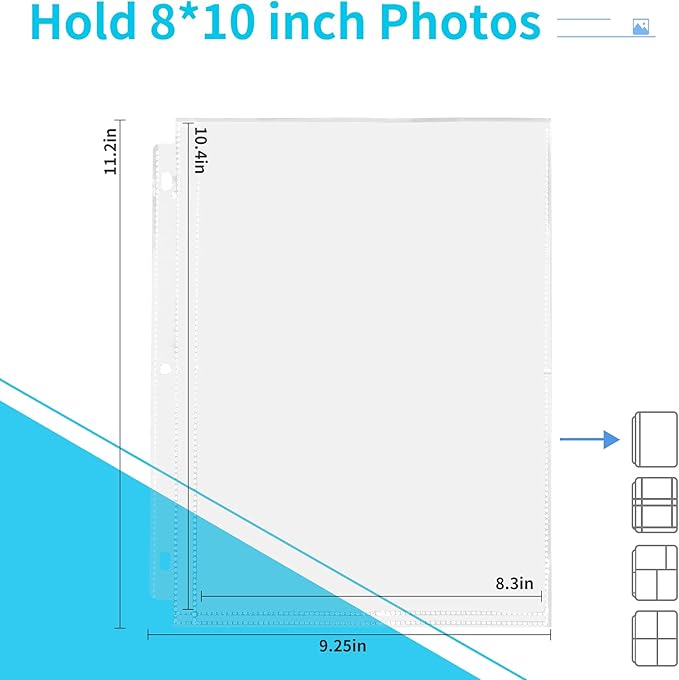 Fabmaker 30 Pack Photo Sleeves for 3 Ring Binder - (8x10, for 60 Photos), Archival Page Protectors, Clear Plastic Album Refill Pages, Postcard Sleeves, Acid-Free