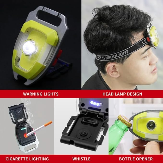 BY-J LED Small Flashlight, Snap-on Key Chain Light, COB Multi-Function Mini Work Light, 600 Lumens Rechargeable, 7 Lighting Modes with Fire Starter, Seat Belt Cutter, Screwdriver, Whistle, Yellow
