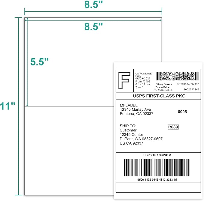 MFLABEL Half Sheet Label Laser/Ink Jet USPS UPS FedEx Shipping Label 8.5 x 11 Inches Packaging Labels, Address Labels for Laser & Inkjet Printers, 3000 Count(1500 Sheets)