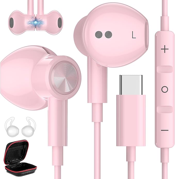 USB C Headphones for iPhone 17 Air 16 Pro Max 15, Type C Earphones with Microphone Magnet HiFi Stereo Wired Earbuds for Samsung Galaxy S26 S25 Ultra S24+ 23 A17 S21 S20 FE Flip 7 6 5/Pixel 10, Pink