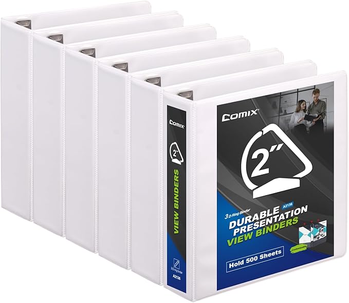 Comix Sturdy 2 Inch D-Ring Binders, 2'' 3 Ring Binder with Clear View Cover, 2.4mm-Thick, Holds 500 Sheets of 8.5" x 11" Paper, 6 Pack (White)