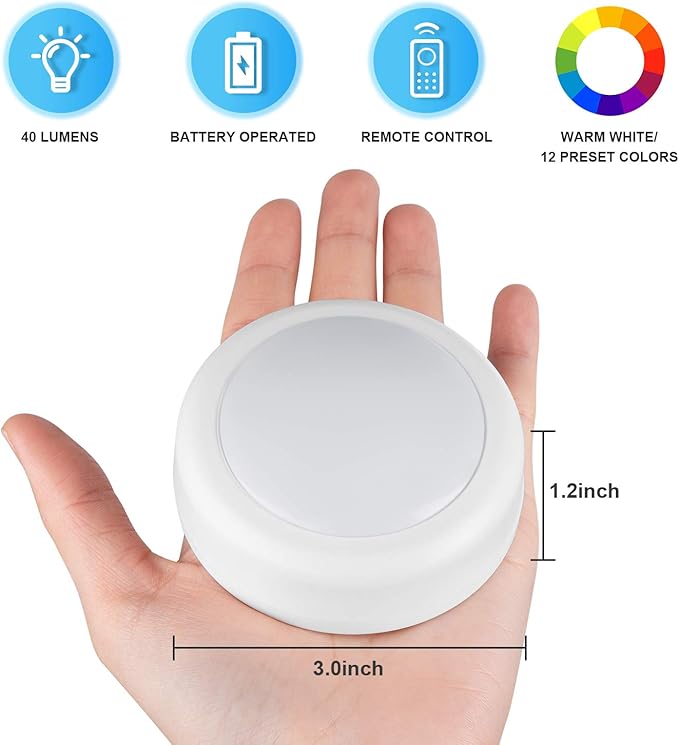 BLS LED Puck Lights with Remote Control, RGB 13 Color Changing Under Cabinet Lighting Wireless, AA Battery Operated Night Light, Push Stick on Lights for Closet, Kitchen, Wall, Dimmer & Timer, 2 Pack