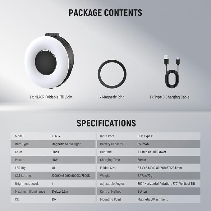 NEEWER ENTRY LEVEL VERSION Magnetic Selfie Light Compatible with MagSafe iPhone, 4 Mode CRI95+ 914lx 1.5W Plastic Folding Small LED Phone Fill Ring Lighting for Recording Makeup Video Conference,NL40R