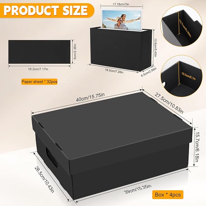 ATPWONZ 4 PCS Photo Storage Box for 5"x7" Photos, with 32 Inner Picture Boxes, 15“ x 10.3“ x 6.1“ Photo Organizer Box, Portable Scrapbook Photo Boxes with Lid, for Photo Stickers Stamps Seeds(Black)