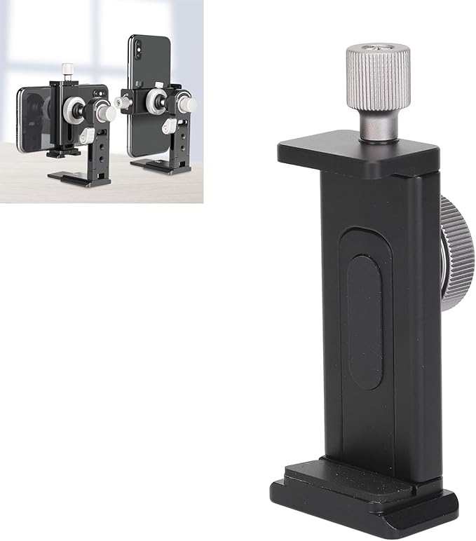 Phone Tripod Mount with Cold Shoe, 64-110mm Adjustable Clamp, Dual 1 / 4in Screw Holes, Universal Smartphone Tripod Adapter for Vlogging and Photography
