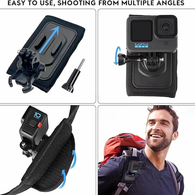 Reflex Camera 360° Rotation Backpack Shoulder Strap Mount Adapter Compatible with Go Pro Hero 13-9, Insta 360 X3/X2, D J I Osmo Action 3/2 – Hands-Free, Adjustable, Secure Action Camera Clip Mount