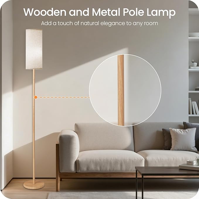 Wooden Textured Pole Lamp, Dimmable Floor Lamps for Living Room with Remote and Foot Switch, 64.4” Standing Tall Lamp, Corner Floor Light for Bedroom, Bulb Included, 3000K-6500K, FCC Listed XE06LD05W1