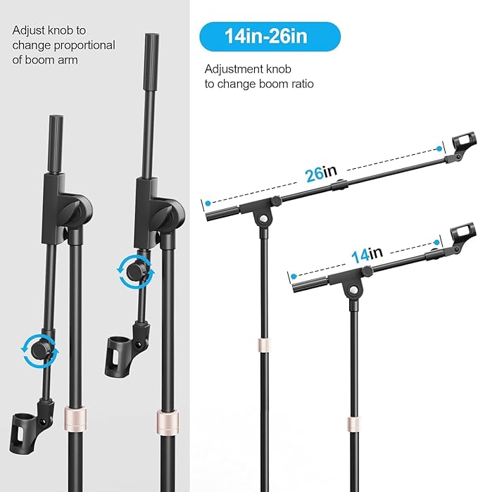 Microphone Stand, 2 Pack Tripod Boom Arm Floor Mic Stand Heavy Duty Height Adjustable with Carrying Bag 2 Mic Clips 3/8" to 5/8" Adapter for Singing Podcast and Stage