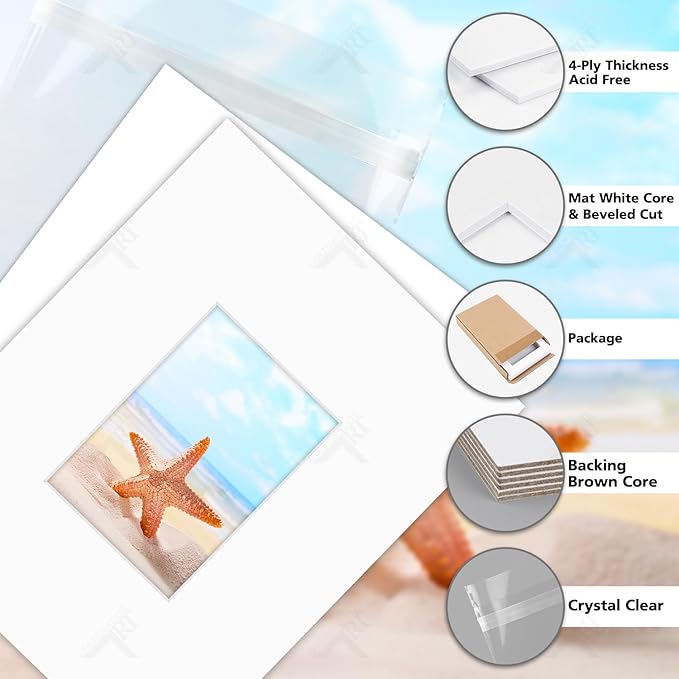 Golden State Art, Acid Free, Pack of 5, 11x14 White Picture Mats Mattes with White Core Bevel Cut for 5x7 Photo + Backing + Bags