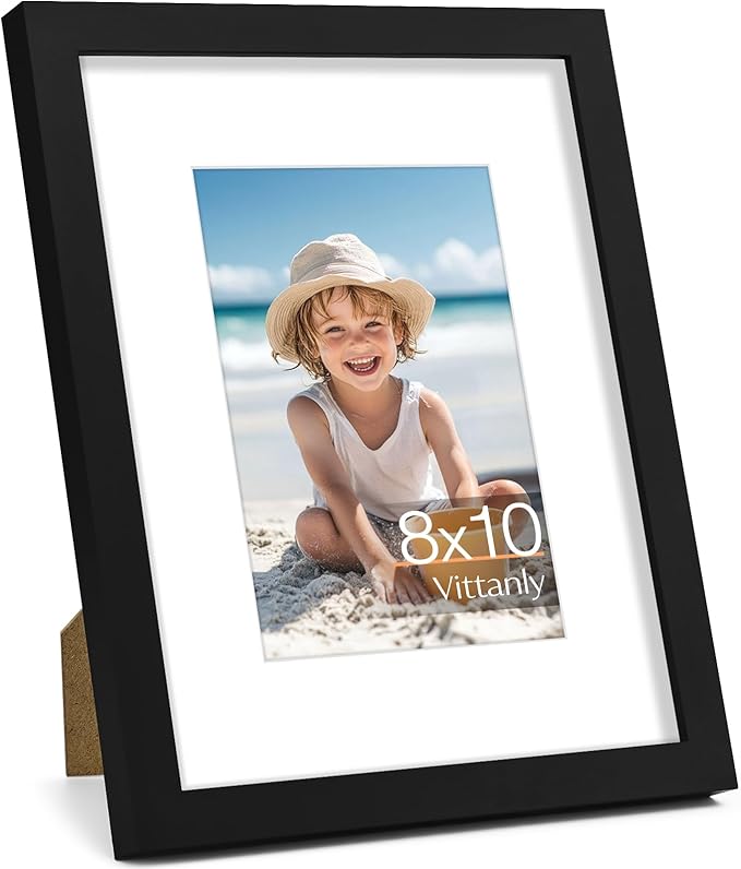 Vittanly 8x10 Picture Frame, Made of Solid Wood and Shatterproof Plexiglass, Display Pictures 5x7 with Mat or 8x10 without Mat, Wooden Photo Frame for Wall Mounting or Tabletop Display, Black, 1 Pack