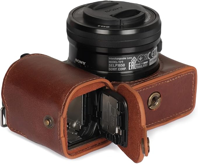 MegaGear Ever Ready Genuine Leather Camera Half Case Compatible with Sony ZV-E10 (Brown)