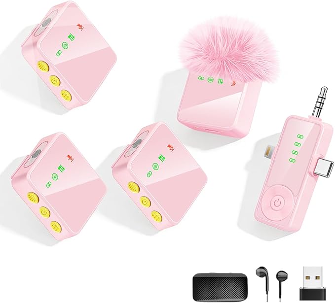 Wireless Lavalier Microphone for iPhone, Android, Cameras - Mini Microphone with Noise Reduction, 328FT Transmission and 40H Battery Life, 4 Mic for Video Recording, TikTok and YouTube (Pink)