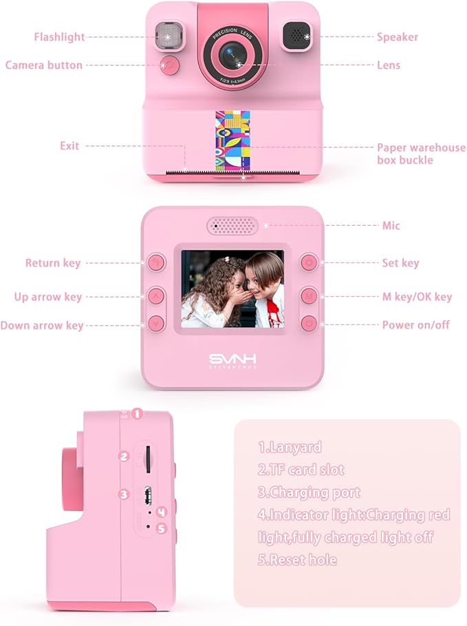 Kids Camera Instant Print, Digital Camera for Kids, 180° Rotating Selfie Lens with 32GB SD Card & 2 Rolls Printing Paper Kids Toy Birthday Gifts for Boys Girls Ages 3-12, Pink