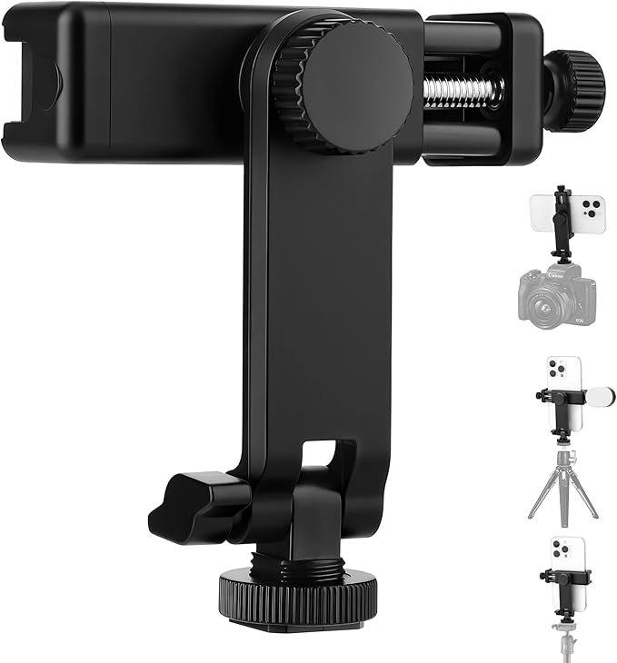 Universal Cell Phone Tripod Mount Adapter, Camera Hot Shoe Phone Holder Clamp with 360 Rotation Bracket 1/4" Screw Hole for Canon Nikon Sony DSLR iPhone Android