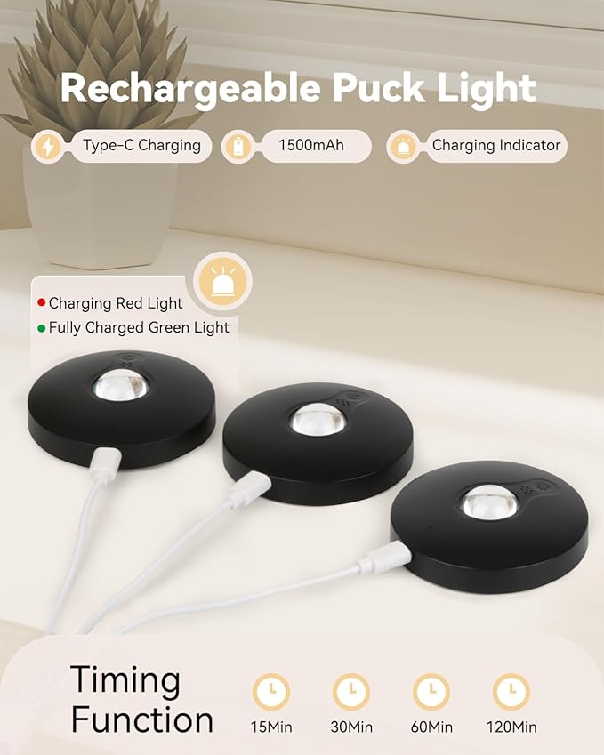 Rechargeable RGB Puck Lights with Remote Control, 1500mAh Battery Operated Push Lights, Dimmable & Timer Under Cabinet Lighting for Closet, Bedroom, Kitchen Black 3Pcs