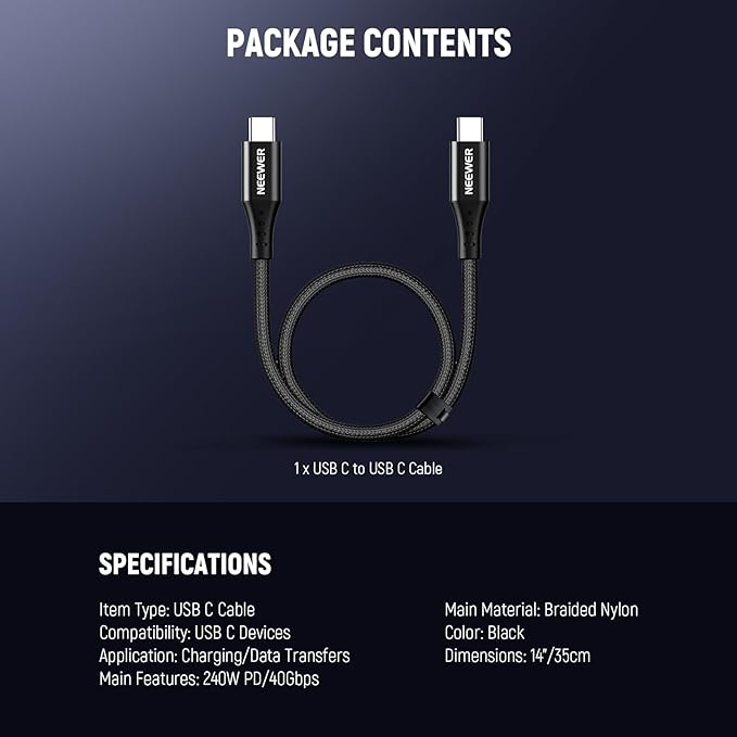 NEEWER 14"/35cm USB C to USB C Cable, USB 3.2 240W PD3.0 Fast Charging 40Gbps Braided Short Charger Cord Compatible with iPhone 16 15 iPad MacBook Android Window Laptop PC, PS010
