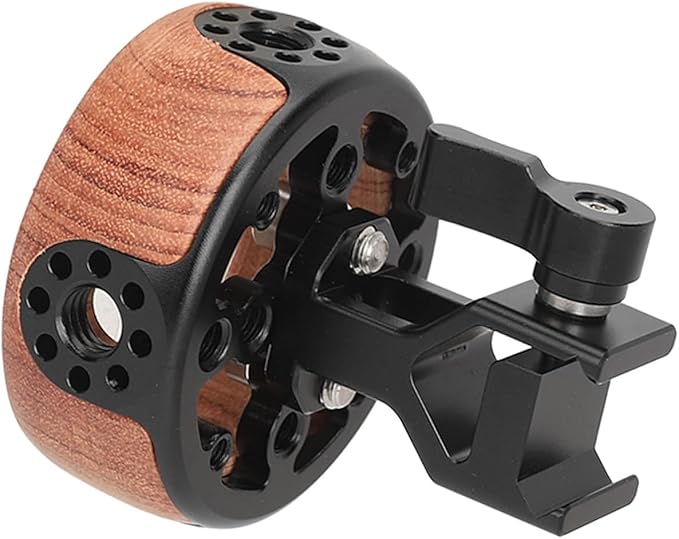 Round Side Camera Handle Handgrip, Wooden Quick Release Rail Rod Clamp, Ergonomic Hollowed Out Design, Aluminum Alloy with CNC Machining, for SLR Camera Mirrorless Camera Cage