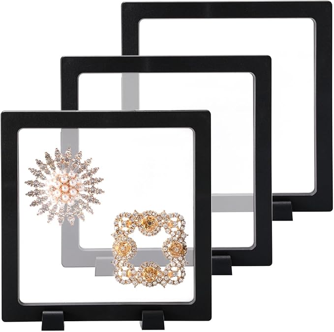 3PCS 3D Transparent Floating Frame with Stand, CAIYA Challenge Coin Display Holder, Floating Display Case for Jewelry, Medals, Specimens, Small Items, Fossils Rocks,5.5x5.5 inches