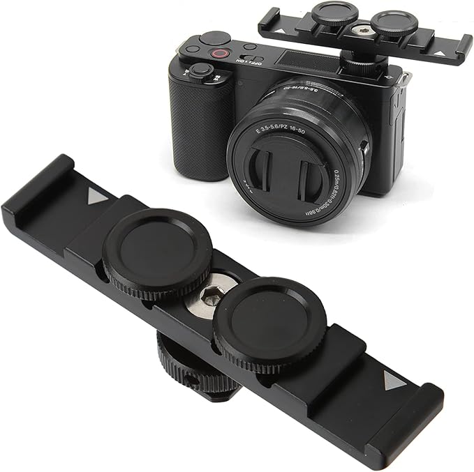 Dual Cold Shoe Extension Mount, Camera Extension Bar with Safety Lock, Aluminum Alloy Bracket for Monitor Microphone Flash Light, 1/4in Threaded Hole for Tripod Grip Handle