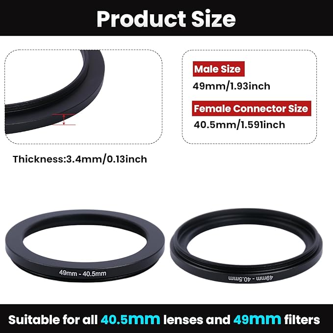 Metal Step Down Ring Filter Adapter - 49mm to 40.5mm - Metal Ring Step Down Rings Adapter Filter Compatible with All 40.5mm UV, CPL, ND, Lens Hood, Threaded Lens ect
