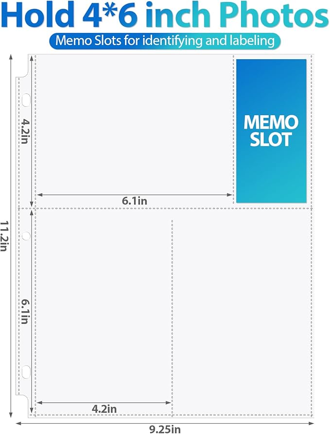 Feifeiya 150 Pack 4 x 6 Photo Sleeves for 3 Ring Binder(for 600 Pictures) archival Photo Page Protectors Holds Clear Plastic Refill Pages Plastic Album Refill Pages