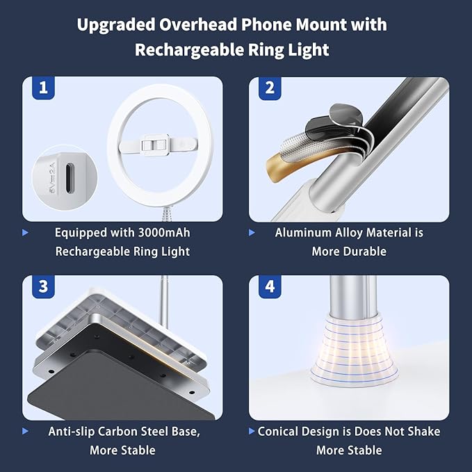 yAyusi 68.5" Overhead Phone Mount with Ring Light for iPhone, 3000mAh 360° Rotation Foldable Rechargeable Ring Light Phone Holder for Video Recording, Live Streaming, Artistic Creation, TikTok,YouTube