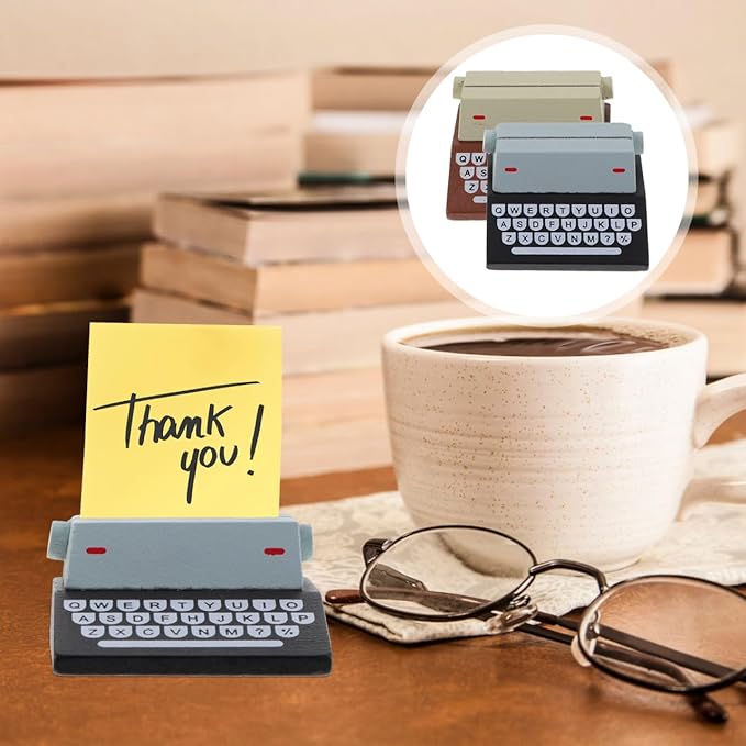 2pcs Vintage Typewriter Style Memo Holders Cute Wooden Picture Clips for Desktop Note Display Multi-Function Photo Stands with Wooden Base for Home and Office Decor