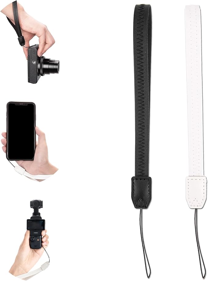 2 Pack (Black & White) 9.25'' Durable PU Short Lightweight Camera Hand Wrist Strap Wristlet Lanyard Phone Keychain String Badge Straps for Osmo Pocket 3 Gopro USB Flash Drive Keys Wallet Charm Decor