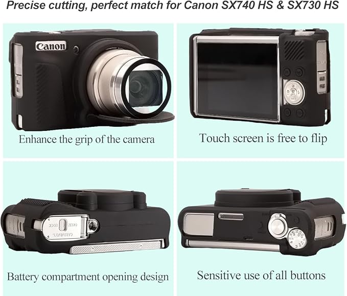 Pocoukate Case for Canon PowerShot SX740 HS Camera, Soft Silicone Protective Cover Skin with Removable Lens Cover for SX740/SX730 HS Accessories Rubber with Tempered Glass Screen Protector - Black