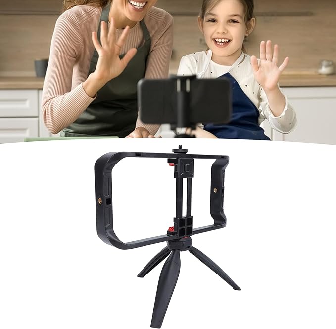 Smartphone Video Rig Hand Grip Stabilizer Durable ABS Universal Phone Stabilizer Rig with Tripod for Live Streaming Filmmaking Vlogging 1/4 Inch Screw Cold Shoe Mount