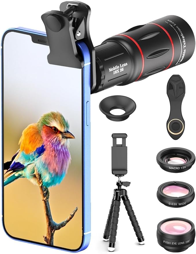 APEXEL 4 in 1 Phone Photography Kit, 18X Telephoto Lens, 198° Fisheye Lens, 15X Macro Lens, 0.63X Wide Angle Lens, Set with Flexible Phone Tripod, for iPhone Samsung Pixel