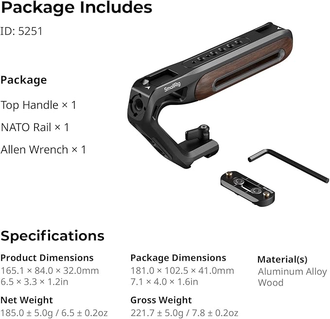SmallRig Wooden Top Handle with NATO Clamp & NATO Rail, Wooden Top Handle for Camera Cage, Load Capacity up to 15kg / 33.1lb, 3/8"-16 Locating Holes for ARRI & 1/4''-20 Threaded Holes - 5251