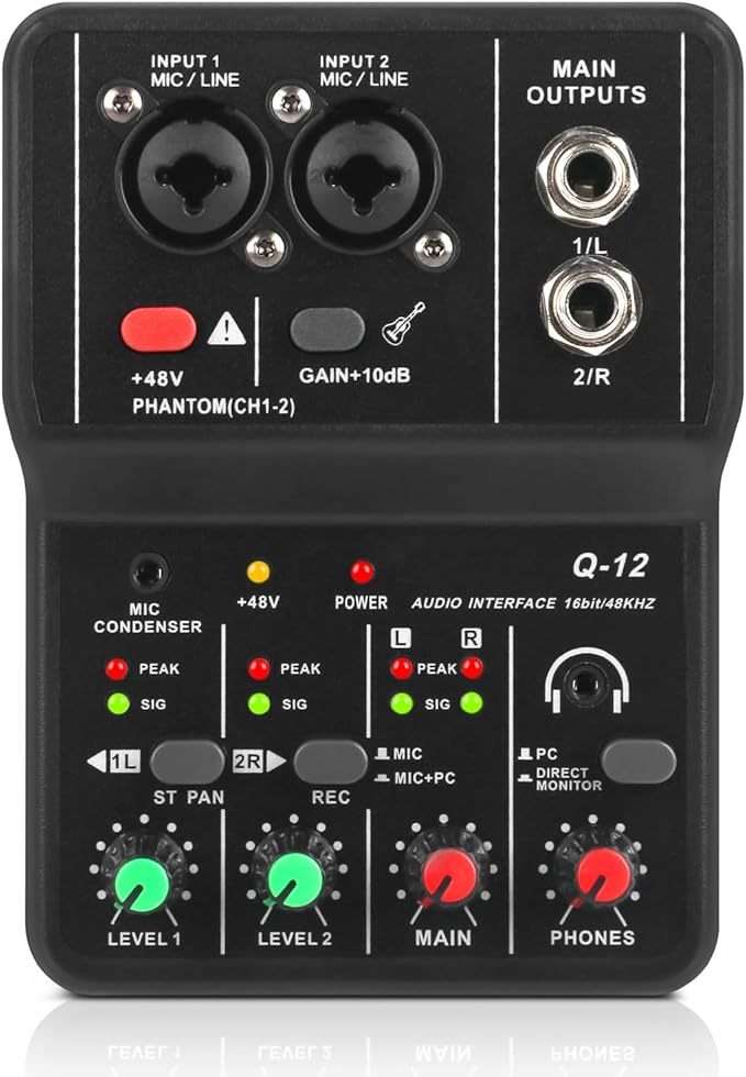 XTUGA USB Audio Interface for PC,Interface for Recording Music Computer Recording Audio Interface XLR with 3.55m Microphone Jack, USB Sound Card for Recording Studio, Ultra-low Latency Plug&Play, Q-12