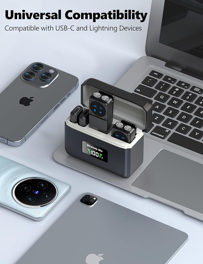 Dual Receivers Mini Microphone for iPhone, iPad, Android, Wireless Lavalier Microphone with Intelligent Noise Reduction, 48H Battery Life, 164FT, Double Lav Mics for Video Recording, YouTube, TikTok
