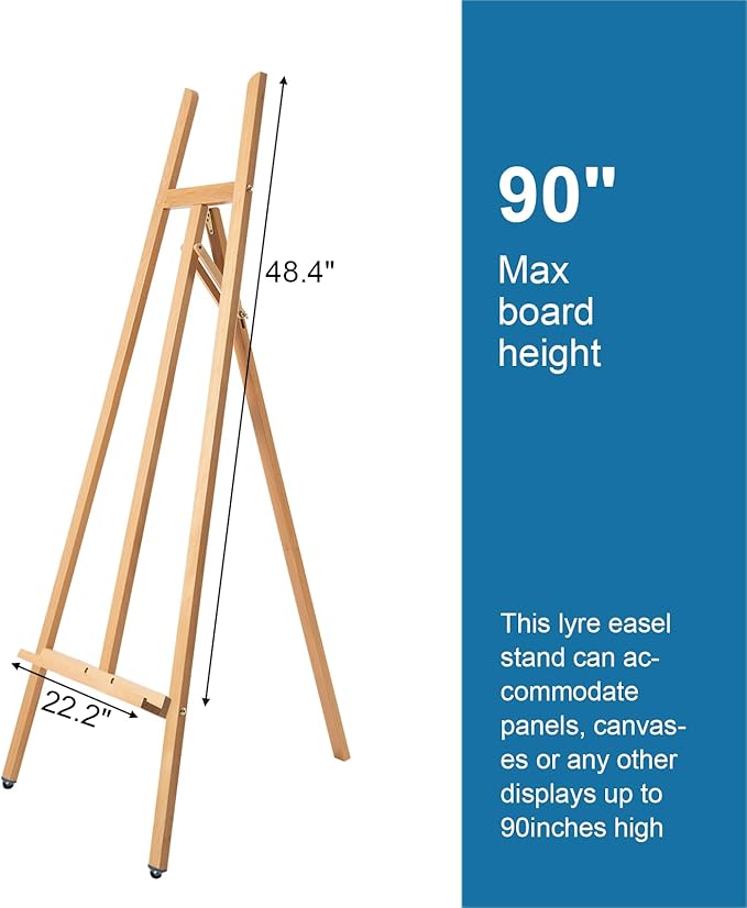 Somime A - Frame Wooden Display Easel - Adjustable Lyre Beechwood Studio Easel Stand Holding Canvas Up to 90", Inclinable Artist Floor Painting Easel for Artwork Painting, Natural