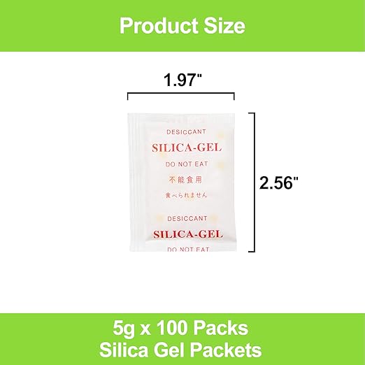 100-Pack 5g Silica Gel Packets – Premium Food Grade Rechargeable Desiccant with Color Indicating Beads for Spices, Vitamins, Electronics & Storage